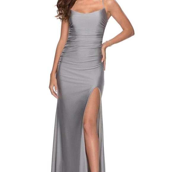 NWT La Femme 28296SC Jersey Prom Dresses Silver Size 8 and 10 - Picture 1 of 9